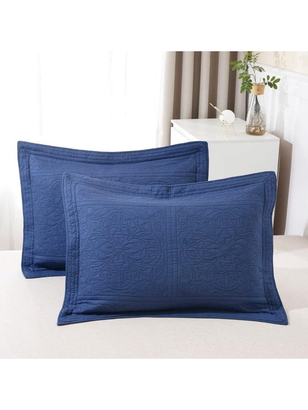 Floral Printed 100% Cotton Quilted Pillow Sham Cover - King Size, Navy Blue